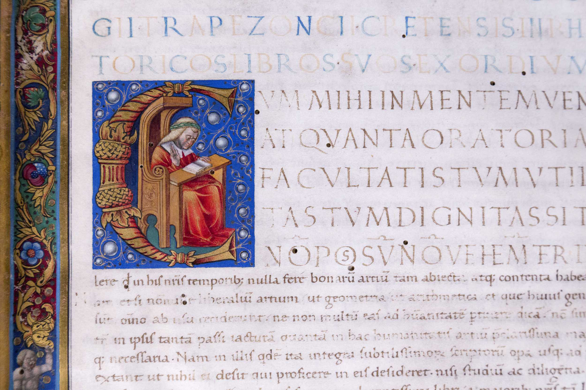A Georgius Trapezuntius bizánci humanista Rhetoricáját tartalmazó corvina a lombard Francesco Castello kezét dicséri. Bp., OSZK, Cod. Lat. 281., f. 1r, részlet