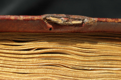A szíj töredékén kilátszik a bőrbe hajtott erősítő pergamen vége