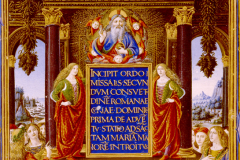 Kódexoldal Hunyadi Mátyás és Beatrix mellképével (misekönyv címlapja) Pergamen, tempera, arany; lapméret: 40×28,4 cm Bruxelles, Bibliotheque Royale Ms. 9008, fol. 8v.  Missale Romanum