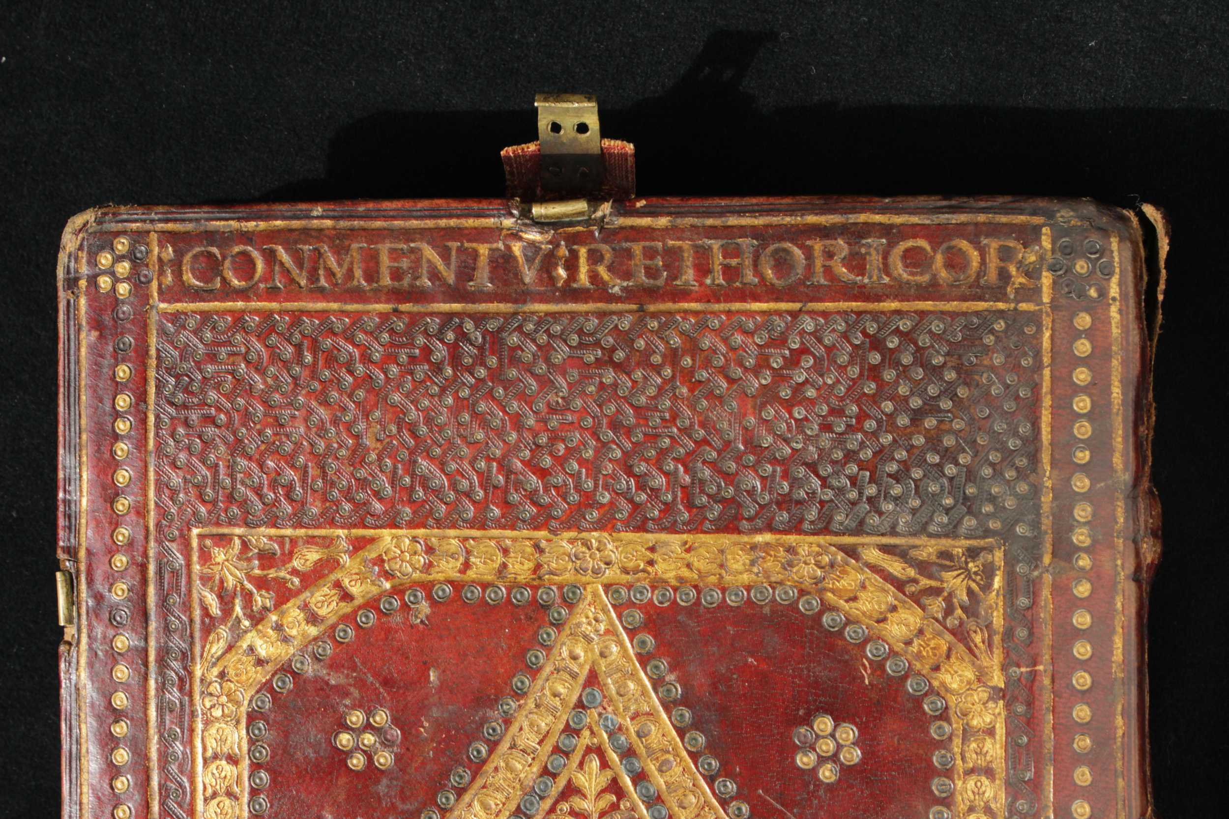 Gilded titling on leather corvina bindings can be read on the right board